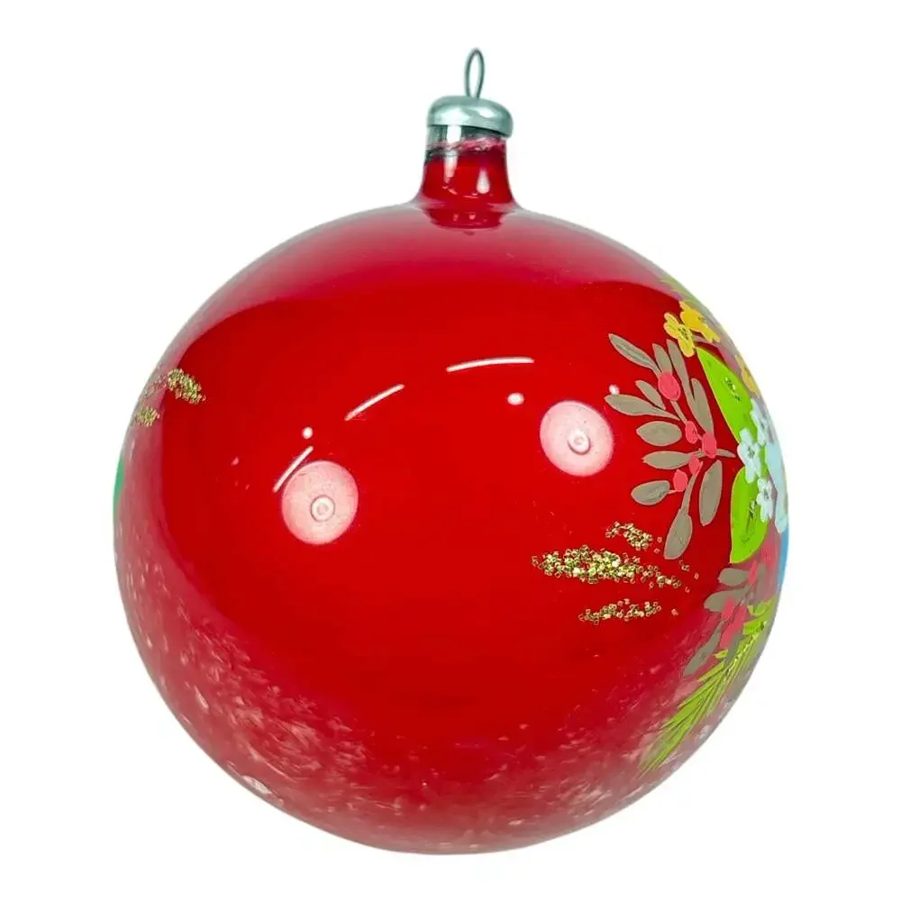 Vintage 3” Red Glass Floral Hand Painted Flowers Christmas Ornament Ball